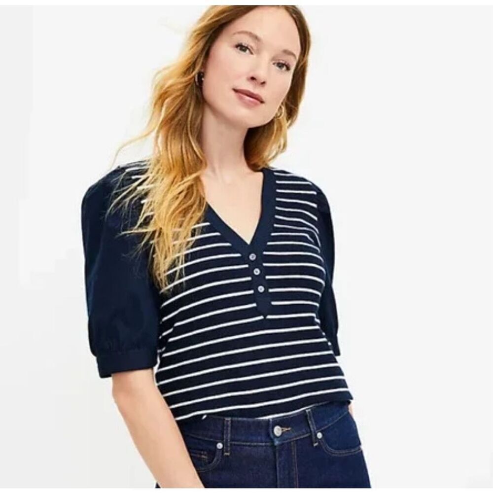 NWT Ann Taylor LOFT Striped Henley Mixed Media Knit Top Women’s M Navy White